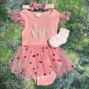 Pink Tulle Baby Dress with Bow and socks